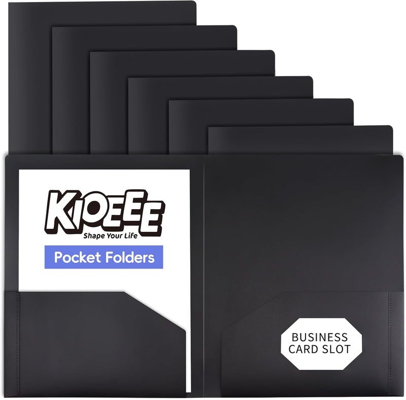 KIOEEE Plastic Folders with Pockets (6 Pack), Heavy Duty Plastic Folders with 2 Pocket and Business Card Slot. Fit Letter Size Paper, Black for School - Image 1